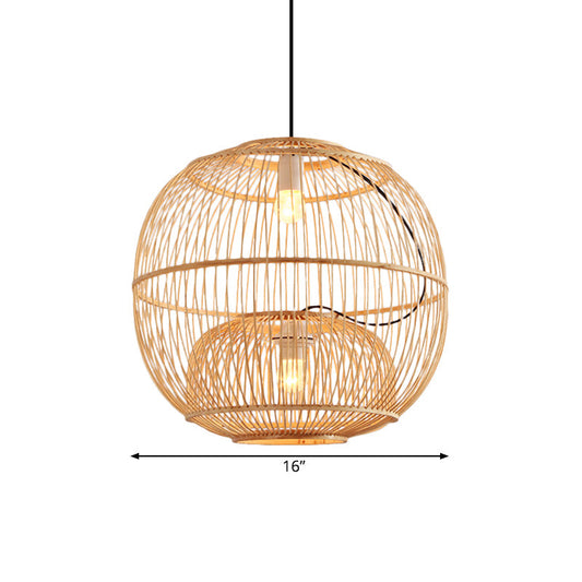 Contemporary Bamboo Pendant Lights - 2-Light Beige Hanging Lamp for Restaurant (14"/16" W)