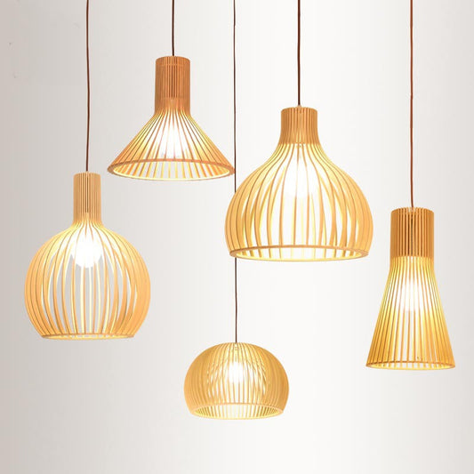 Yvette Asian Bamboo Pendant Lamp – Flared Beige Hanging Light Fixture