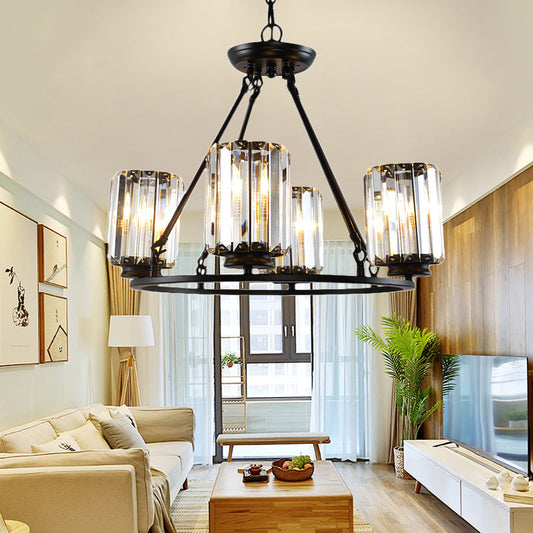 Contemporary Black Round Ceiling Chandelier with Crystal Pendant Lights - Adjustable Chain - 4/6/8 Lights