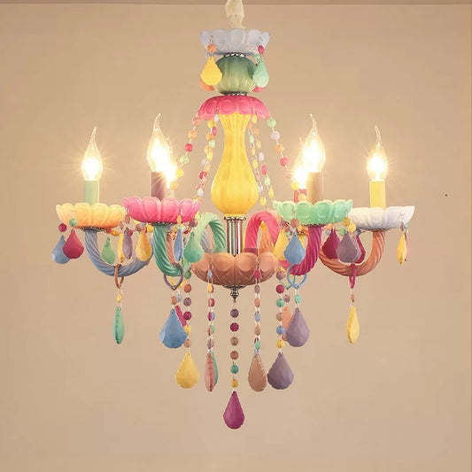 Child Bedroom Multi-Color Chandelier with 6 Crystal Glass Candle Pendant Lights