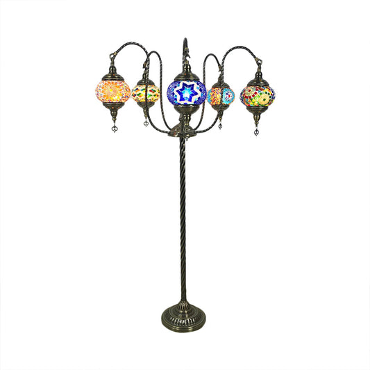 Yellow/Blue 5 Heads Standing Light Vintage Stained Art Glass Curved Arm Floor Reading Lamp