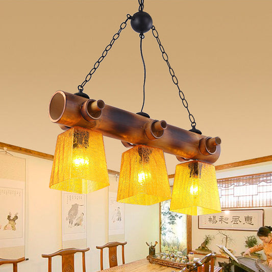 Yellow Trapezoid Island Pendant Light with 3 Bulbs, Bamboo Beam - Perfect for Countryside Dining Rooms