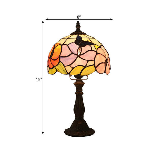 1 Bulb Bedroom Nightstand Light Mediterranean Bronze Petal Patterned Desk Lamp with Domed Hand Cut Glass Shade