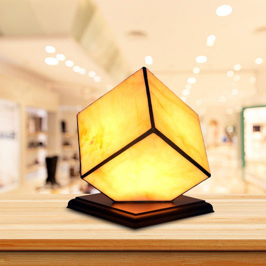 1 Bulb Cubic Night Light Mediterranean Style Beige Glass Table Lighting with Plug-In Cord
