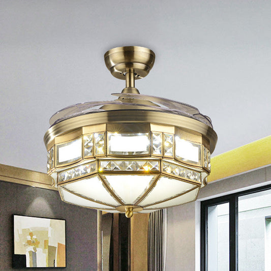 Yurt Shaped Bedroom LED Fan Light Kit Traditional Crystal 3-Blade 42.5" Wide Brass Semi Flush Mount
